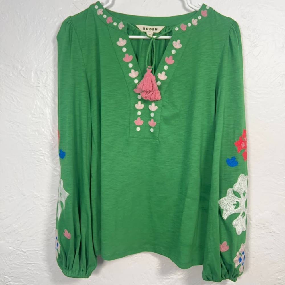 Boden Nia Embroidered Top Paradise Green Long Peasant Sleeve Boho Tassel Small S